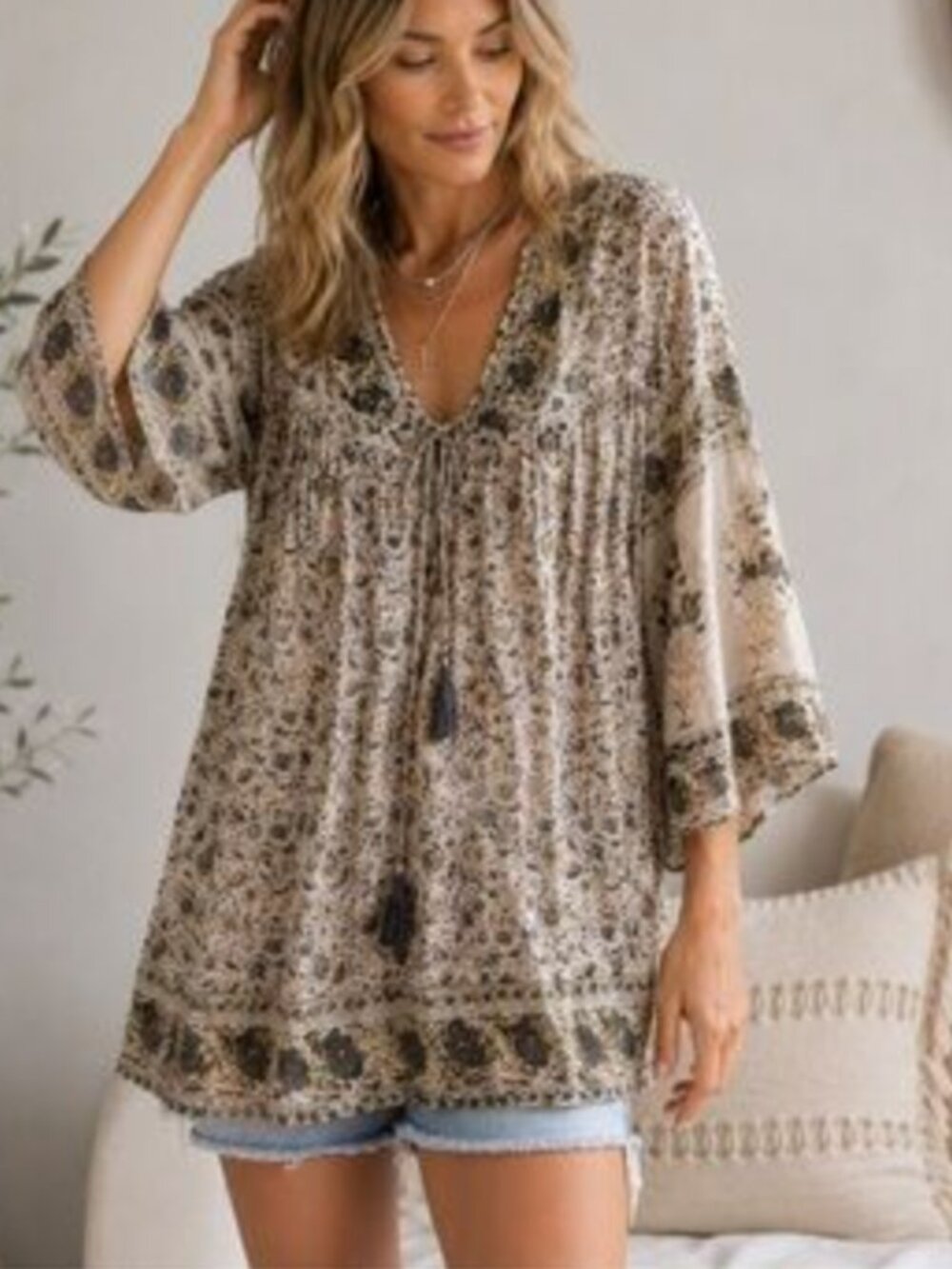 Angie Tunic Top Medium Beige Floral Crinkle Rayon Boho Tassel Cottagecore Flowy